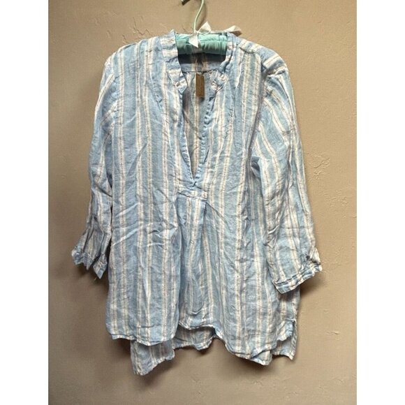 CP Shades Wash Striped Linen Split Neck Tunic Top Medium Blue White 1058-419 New - Picture 1 of 8